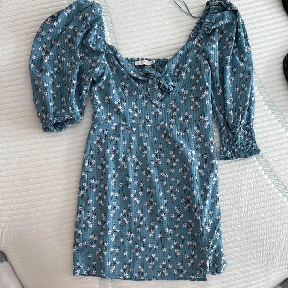 Floral Blue Dress with Puff Sleeves